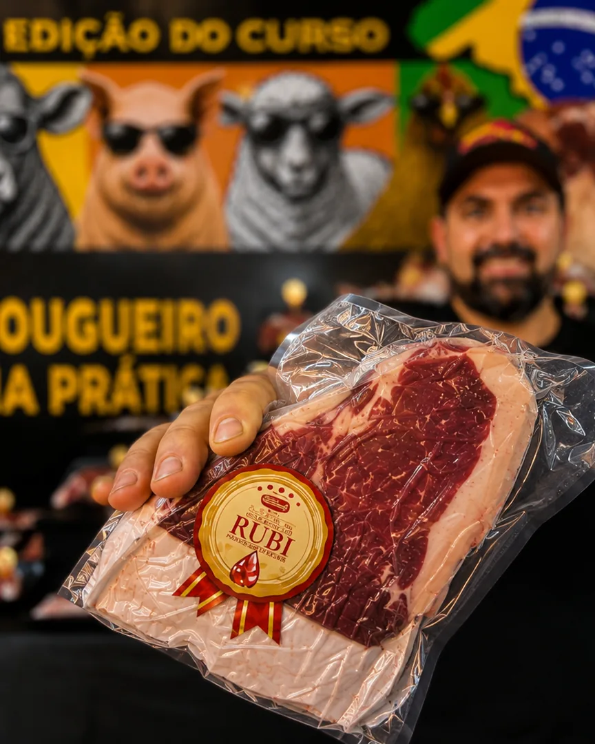 Corte bovino embalado em filme termoencolhível, com o filme aderido ao produto e alta transparência